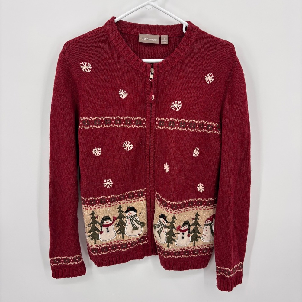 Croft & Barrow Snowman Cardigan Women Small Red Excellent Zip Up Winter Sweater